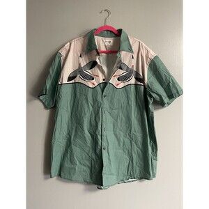 Boozelele Mens 3XL Green Hunting Duck Graphic Short Sleeve Button Down Shirt
